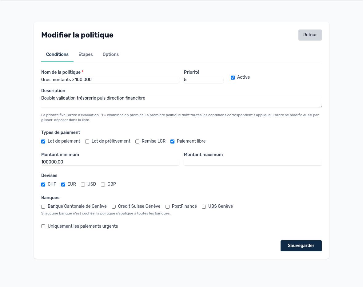 Politique « Gros montants ≥ 100 000 » — onglet Conditions