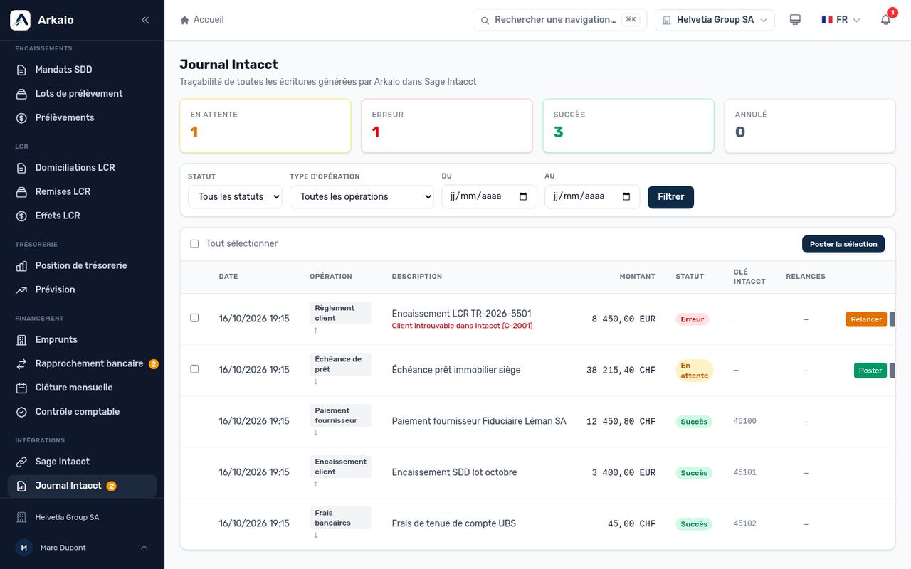 Journal des écritures envoyées à Intacct